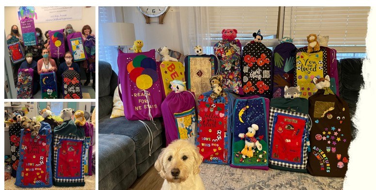 Collage of MySleeper sleeping bags personalized with colorful designs, alongside children and volunteers.